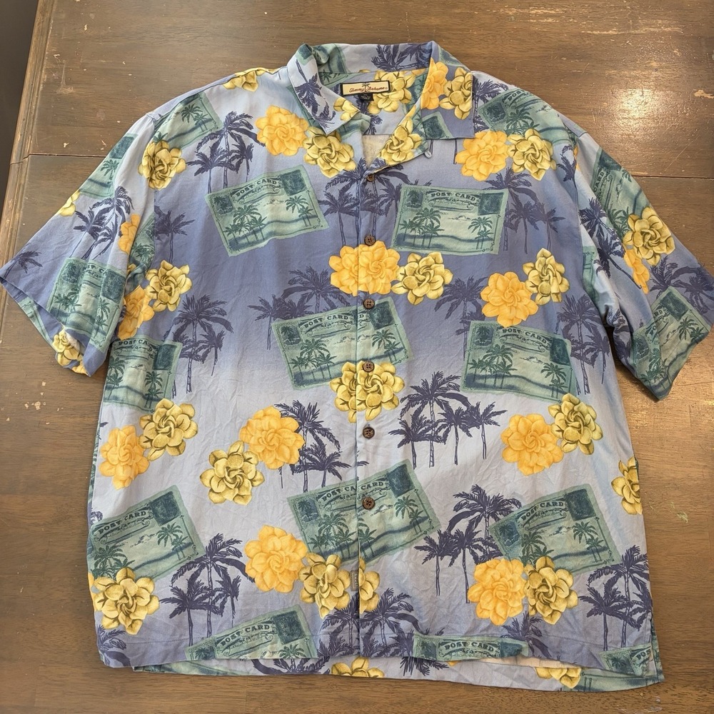 Tommy Bahama Mens XXL Shirt Blue Hawaiian Tropical Silk Floral Camp Postcard - Picture 3 of 7